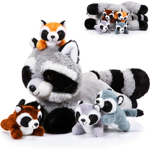 Harrycle 5 Pcs Raccoon Stuffed Animal Set Adorable Mommy Raccoon Plush with 4 Cute Babies in Tummy Soft Cuddly Plushie for Birthday Woodland Party Decor(Lovely Style)