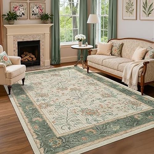 GarveeHome 5x7 Area Rug Sage Green Washable Rugs for Living Room Bedroom, Soft Low Pile Non Slip French Country Floor Mat Botanical Floral Print Throw Rug Indoor Carpet Dining Room Playroom