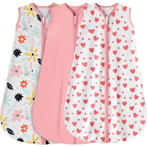 3 Pack Baby Sleep Sack 0-6 Months 100% Rayon Cotton Baby Sleeping Bag 2-Way Zipper Toddler Wearable Blankets Comfy Stretchy Lightweight TOG 0.3 （Heart&Pink&Floral）
