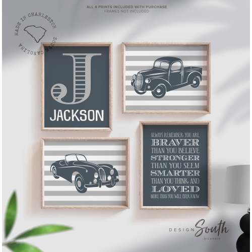 Baby boy car and truck vintage wall art prints, classic car nursery theme, boys old antique car personalized name, kids car wall art posters