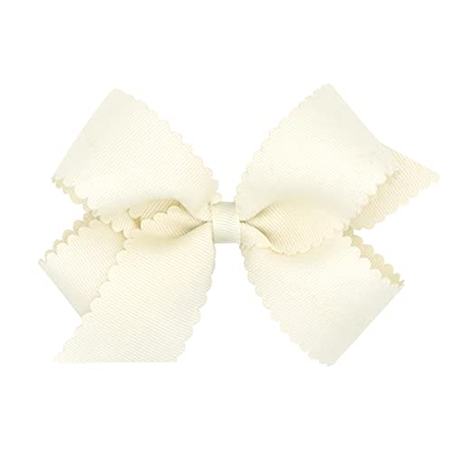 Wee Ones Girls' Classic Grosgrain Hair Bow with Scalloped Edges and Plain Wrap Center on a WeeStay Hair Clip, Medium, Antique White
