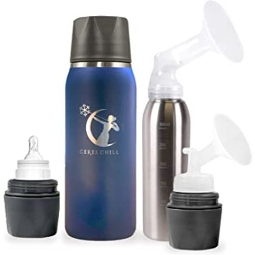 Breastmilk Chiller Reusable Storage Container (MILLILITERS) by CERES CHILL | Cooler - Keeps Milk at Safe temperatures for 20+ Hours | 12 to 34oz (Set Sail! Navy)