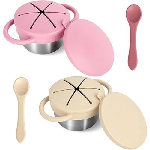 2 Pack Toddler Snack Cups,Detachable Stainless Steel Spill Proof Snack Cups for Toddlers with Spoon is Included,Bpa-Free,Food Grade Silicone