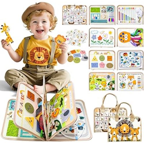 Busy Board Montessori Toys for 1-5 Toddlers Birthday Gifts, Montessori Busy Book Sensory Board Educational Activity Book for Learning Fine Motor Skills, Airplane Travel Toys for Boy & Girl