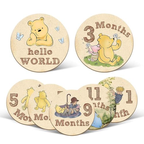 7 Pcs Winnie Baby Monthly Milestone Markers, Winnie Double Sided Winnie Baby Months Wooden Signs with Storage Bag, Winnie Baby Monthly Announcement Wooden Discs, Winnie Milestone Pictures of Newborn