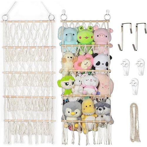 42cm Wide Over the Door Stuffed Animal Storage Hammock Corner Wall Hanging Storage Holder Boho Macrame Plush Toy Organizer Net for Stuffed Animal
