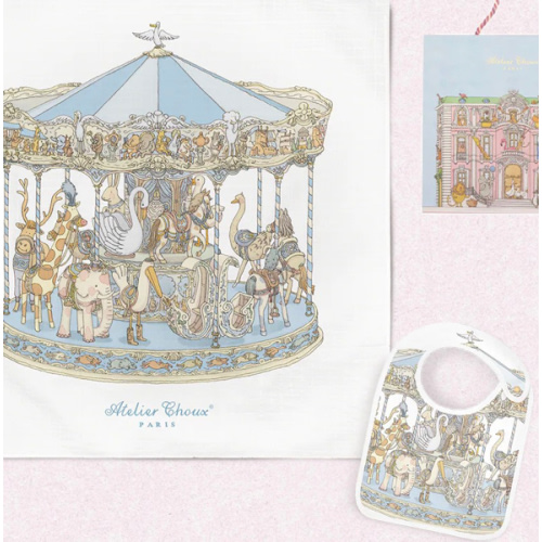 Carré & Satin Bib Set - Carousel Blue