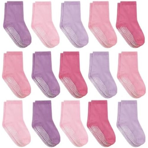 HYCLES 15 Pairs Toddler Girl Socks, Non Slip Crew Socks with Grippers for Kids Preschool Girls 1-7 Years