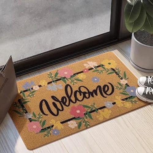 Carvapet Artificial Coir Doormat with Non-Slip Backing for Indoor and Outdoor 17 x 30 inch Front Door Welcome Mat Spring Summer Seasonal Doormat, Welcome Flower Garland