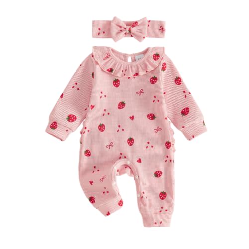 Infant Baby Girl Fall Outfit Romper Jumpsuit Newborn Waffle Clothes | Floral Print Long Sleeve Crew Neck Bodysuit Cute Clothing
