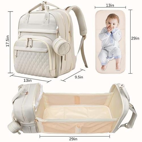 Leather Baby Diaper Bags with Changing Station,Extra large Capacity Baby Diaper Bag Backpack,Waterproof Baby Essentials(White)