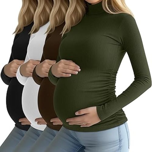 4 Pack Women's Maternity Turtleneck Shirts, Pregnancy Ribbed Long Sleeve Tops Casual Cotton Side Ruched Sweaters