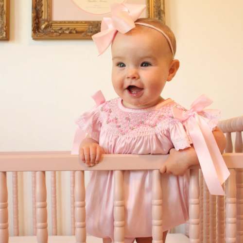 Pink Satin Rosette & Pearls Smocked Bishop Bubble – Little Bear Smocks