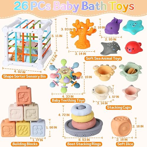7-in-1 Baby Bath Toys Montessori Toys for Babies, Bathtub Water Toys with Shape Sorter Sensory Bin, Stacking Cups, Soft Sea Animal Toys, Learning Developmental Toys Gifts for Baby Girls Boys