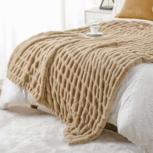 Battilo Soft Faux Fur Throw Blanket for Couch, Double Side, 60"x80", Beige