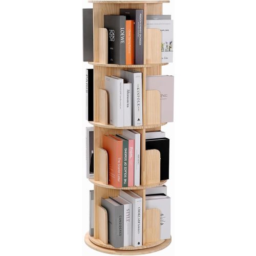 Rotating Bookshelf, 360 Display Corner Bookshelf for Small Space, 4Tier Floor Standing Bookcase Storage Rack, Wood Narrow Organizer for Bedroom, Living Room, Study Room, Kids&Adults Solid