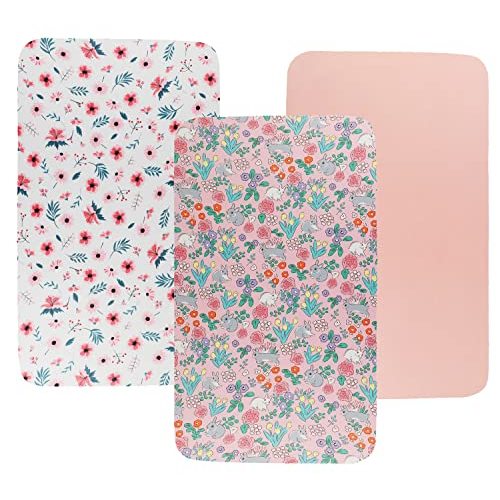 Bassinet Sheet Set 3 Pack (32" x 19") Compatible with Mika Micky, Baby Delight, Dream On Me Bassinet Mattress, Jersey Knit Ultra Soft Flexible for Baby Girls,Floral,Grey Rabbit & Pink | 32" x 19" Jersey Knit Ultra Soft Flexible for Baby Girls,Floral,Gr...
