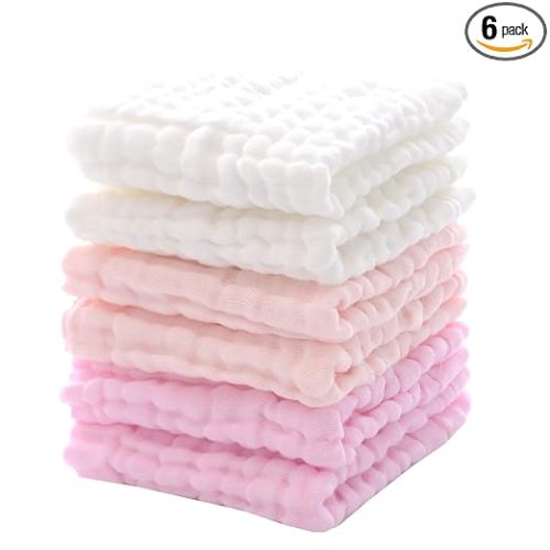 MUKIN Baby Washcloths and Burp Cloths, Soft Absorbent Towels for Newborns, 6 Pack, 12x12 Inches (Pink)