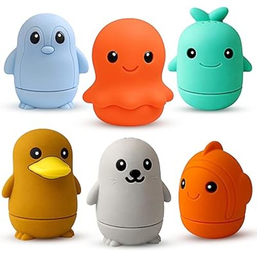 Ocean Friends Bath Toy Set, 6-Piece Silicone Baby Bath Toys for Ages 9 Months+, Soft Food-Grade Silicone, Easy to Clean, Cute Ocean Animals