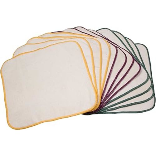 OsoCozy Terry Flannel Baby Wipes. Two Layered. Terry Velour on a Flannel Backing. Unbleached Ivory Color, 100% Cotton. 3 Attractive Stitching Colors Per Pack - 12 per Pack.