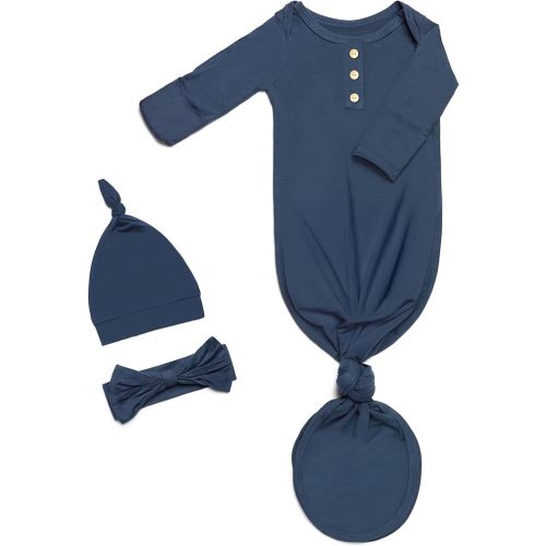 Newborn Baby Knotted Gown, Super Soft Silky Infant Sleeper, Baby Girl Sleep Gown with Mittens, Bow, and Hat Set