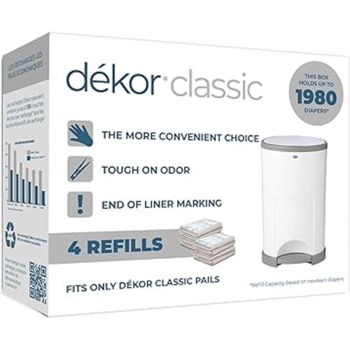 Diaper Dekor Classic Diaper Pail Refills | 4 Count | Most Economical Refill System | Quick & Easy to Replace | No Preset Bag Size Use Only What You Need | Exclusive End-of-Liner Marking