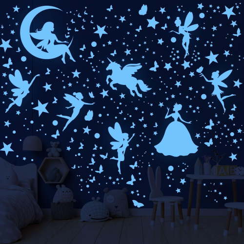 Neasyth Glow in The Dark Stars for Ceiling, Unicorn Bedroom Decor for Girls, Fairy Butterfly Kids Nursery Wall Decals