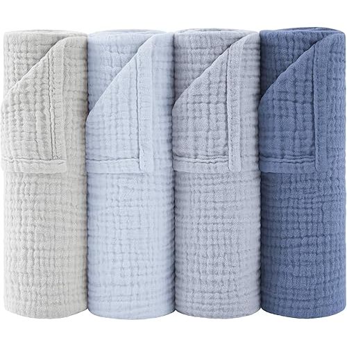 4 Pack Cotton Newborn Bath Towels 24''X24'' Ultra Soft Absorbent Baby Muslin Washcloths Burp Cloths Skin-Friendly Swaddling Blankets for Infant