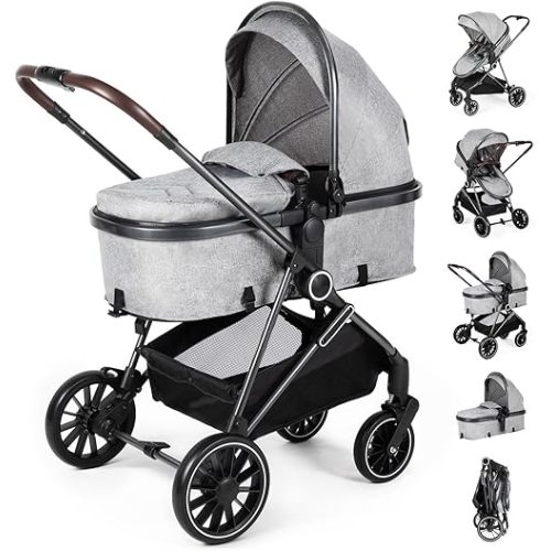 2-in-1 Baby Stroller with Bassinet Mode - Folding Infant Newborn Pram with Reversible Seat - for 0-36 Months Toddler Grey