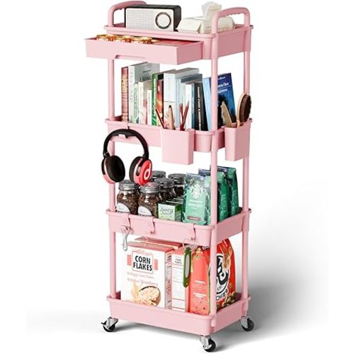 Sorgion 4 Tier Rolling Cart Organizer,Art Craft Diaper Bedside Snack Laundry Room Bathroom Organizer Narrow Thin Slim Rolling Trolley Utility Cart with Wheels for Kitchen,Office(Pink)