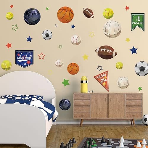 Supzone Sport Balls Stickers Boys Sports Race Flag Decals Colorful Basketball Soccer Baseball Stars DIY Vinyl Wall Art Sticker for Boys Playroom Bedroom Living Room Wall Decor