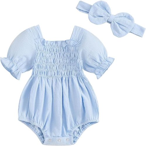 ZAXARRA Infant Baby Girl Plaid Romper Baby Pleated Romper Ruffle Festival Bodysuit Spring Summer Clothes with Headband
