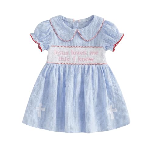 Baby Girl Cute Bunny Embroidery Plaid Print Flying Sleeve Crew Neck Party A-Line Dress Toddler Easter Outfit
