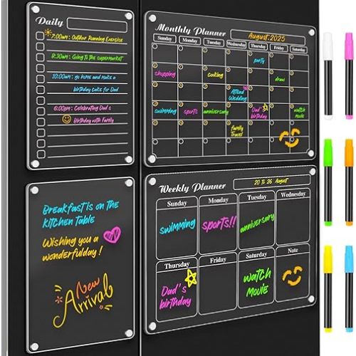 DIYMAG Planning Pads 4Pack Acrylic Magnetic Dry Erase Calendar for Fridge, Clear Calendar Set 2025 Magnetic Weekly Monthly Daily Memo Planner Board for Refrigerator with 6 Colors Markers