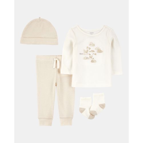 Baby 4-Piece Cloud Print Outfit Set - White/Tan