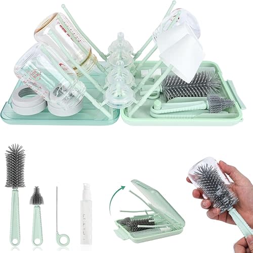Baby Bottle Brush Set, 6-in-1 Travel Bottle Cleaner Kit with Silicone Bottle Brush, Nipple & Straw Brush, Soap Dispenser, Drying Rack, Storage Box – Compact Baby Travel Essential for Home & On-The-Go