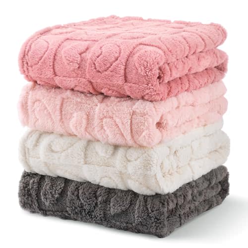 Breling 4Pcs Baby Blanket Heart Checkered,Plush Fluffy Fleece,Pink Set | Soft Plush Fluffy Cozy Blankets for Girls Boys Toddler, Warm Lightweight Newborn Receiving Blankets for Crib Stroller 30"x39"