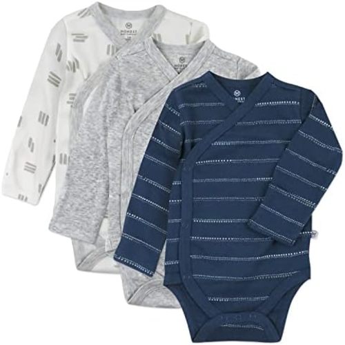 HonestBaby Baby 3-pack Long Sleeve Side-snap Kimono Bodysuits Organic Cotton for Infant Baby Boys, Girls, Unisex