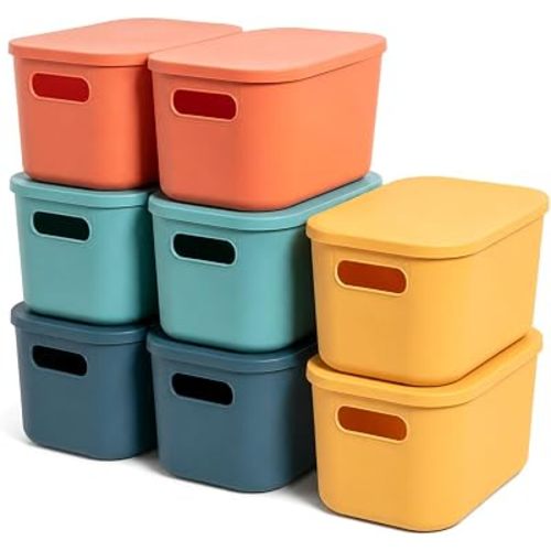 Plastic Storage Bins with Lid, Stackable Storage Containers for Organizing, Decorative Storage Baskets for Shelves Living Room Playroom Classroom Office (Small (8 PCS))
