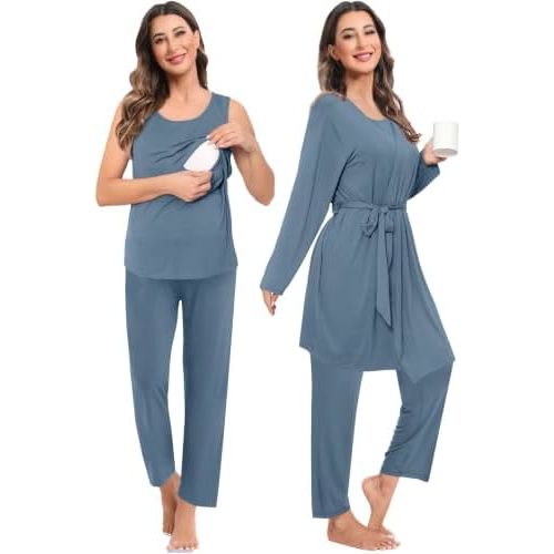SWOMOG Maternity Nursing Robe Set 3 PCS Women Postpartum Pajamas Breastfeeding Labor Delivery Hospital Pregnancy Pjs