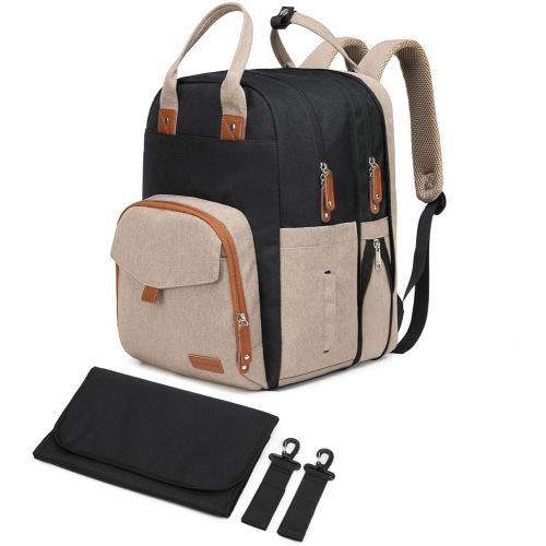 Extra Large Diaper Bag Backpack for Two Kids Twins - Expandable Baby Bag (26-36L), Dual Big Compartments - Includes Changing Pad & Stroller Straps, Unisex Black Khaki