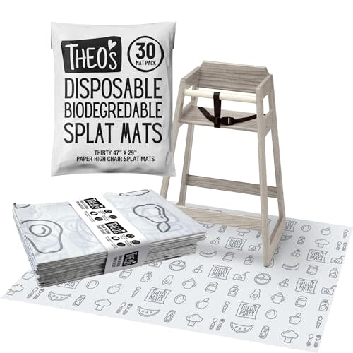 30 Pack | Disposable Splat Mats | Biodegradable + Compostable | THEO'S MATS | Under Highchair Splat Mat for Floor | Baby Led Weaning Supplies | (THEO001)