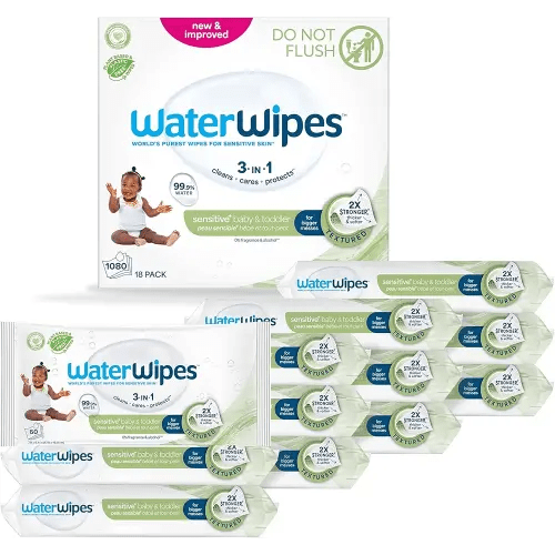 WaterWipes Plastic-Free Textured Clean, toddler & baby Wipes, 99.9% Water Based Wipes, Unscented & Hypoallergenic for Sensitive Skin, 1080 Count (18 packs)