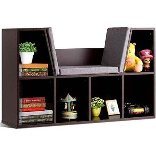Costzon Kids Bookshelf with Reading Nook, 6 Cubby Bookcase with Soft Seat Cushion, Wooden Toy Storage Organizer, Book Shelf for Playroom, Nursery, Daycare