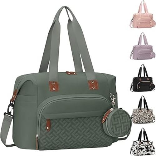 Diaper Bag Tote with Pacifier Case, Baby Bag for Women with Shoulder Straps, Travel Diaper Tote for for Mom and Dad Medium Size, Green