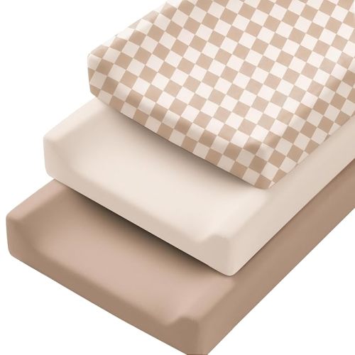 Konssy 3 Pack Stretchy Changing Pad Covers for Girl, Boy, Silky Soft Changing Table Cover, Breathable Baby Nursery Diaper Chang Pad Sheets (Mocha Tartan)