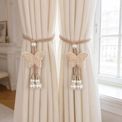 2 Pack Butterfly Curtain Tie Backs with Imitation Pearl Accents Soft Cord Curtain Holdbacks for Home Decoration, Compatible with Standard Curtain Rods and Hooks