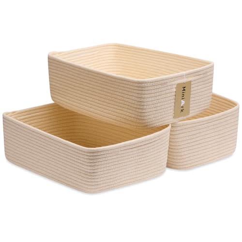 MiniArk Large Shallow Organizing Baskets 15x11x5.1 Inches - Rope Woven Storage Bins for Bathroom, Shelves, Cube Closet, Beige 3 Packs