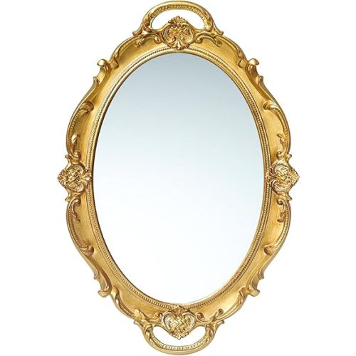 LONGWIN Vintage Oval Mirror for Wall Decor, Ornate Hanging Small Mirrors for Living Room/Bedroom, Perfume/Vanity Tray 10 x 14.5 Inch Gold
