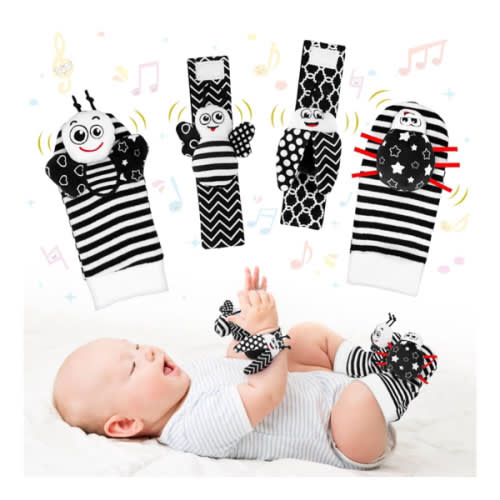 Baby Toys 0-6 Months, 4PCS Foot Finders & Wrist Rattles for Infants Newborn Toys, Black and White Sensory Toys, Rattle Socks Hand and Foot Rattles for 0-3 0-12 Months Birthday Shower Gifts